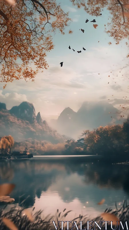 Dreamy autumn mountains rise over a tranquil mirrored lake