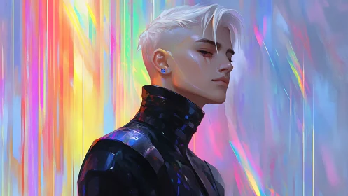 White haired youth in iridescent jacket against neon streaks