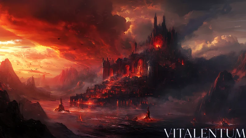 Infernal fortress dominates molten coastal wasteland at dusk