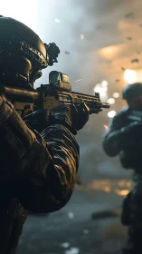 Tactical operator engaging with carbine in urban firefight