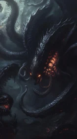 Midnight abyss serpent rising with molten ember heart.