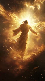 Radiant celestial figure rising in blazing golden light.