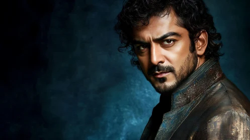 Intense male portrait in ornate jacket against dark blue background.