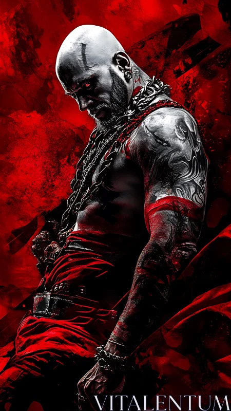 Bald tattooed warrior in red with chains and fierce stare.