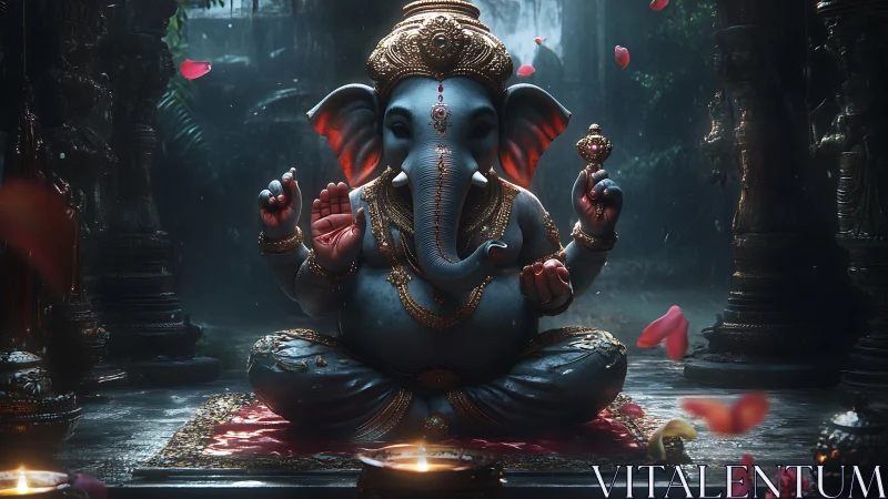 Divine blue Ganesha idol in ornate temple with falling petals.