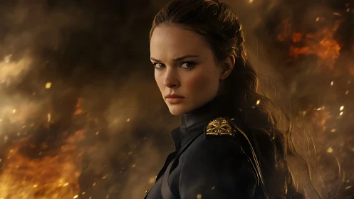 Uniformed woman against smoky background with sparks present.