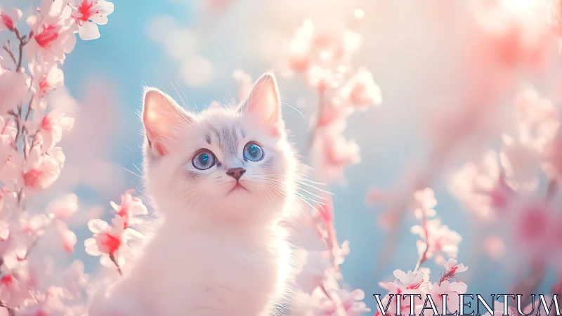 White Cat with Blue Eyes Among Pink Spring Blossoms
