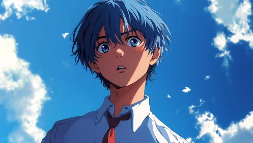 Skyward gaze of blue haired student under vivid daylight.