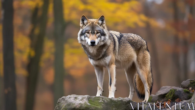 Wolf stands on mossy rocks in forest with autumn foliage