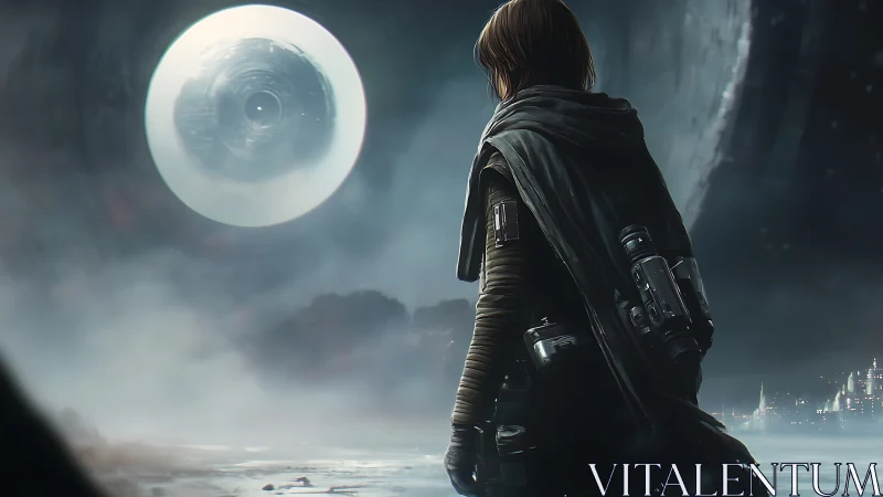 Lone wanderer watching a silent moon of hidden machines.