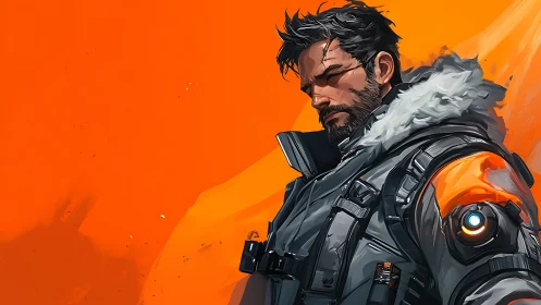 Futuristic soldier in grey tactical coat on orange field.