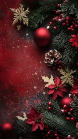 Crimson ornaments drift through a forest of festive pine