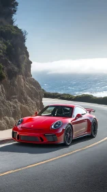 Bright red sports car enjoying a breezy coastal drive.