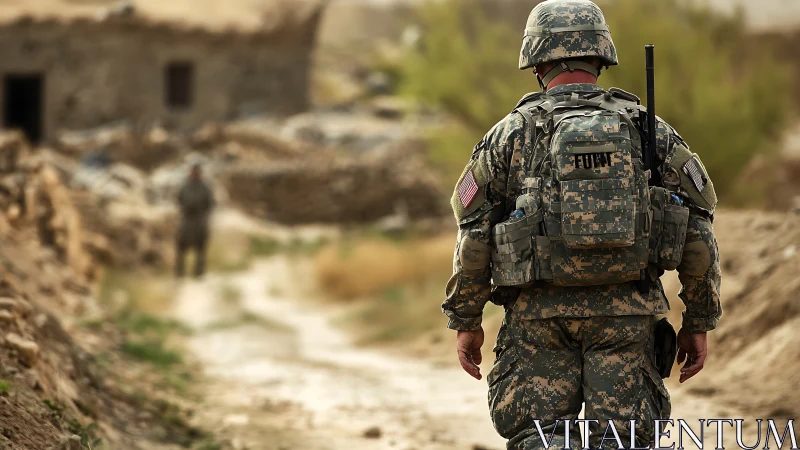Quiet-footed soldier walking a dusty village path alone.