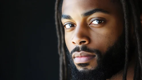 Gaze of quiet fire in a close-up bearded portrait study.