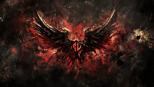 Fiery winged emblem rising from swirling cosmic shadows.