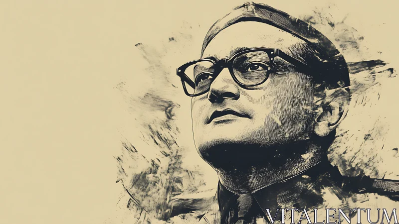 Ink portrait of bespectacled leader with bold brush texture.