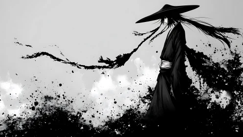 Ink-splashed wandering swordsman in monochrome stormscape.