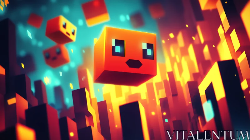 Bright pixel cubes drifting through a glowing neon city.