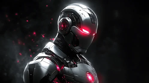 High-gloss tactical android armor with red emissive highlights