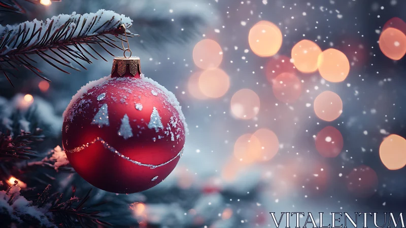 Red ornament hangs on snow-covered fir branch in shallow focus