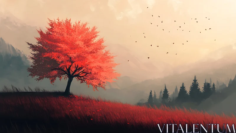 Crimson sentinel tree guarding misty mountain horizons.