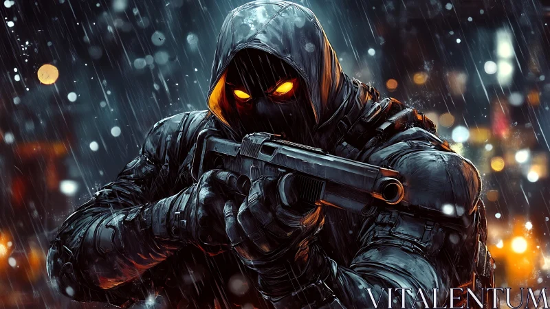 Hooded armed figure in rainy illuminated urban street scene.