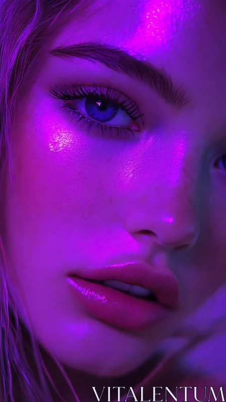 Close-up female face under purple and blue neon lighting.