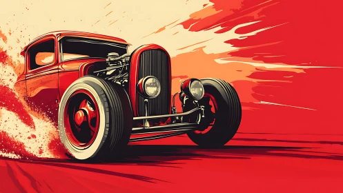 Red hot rod car accelerates with stylized motion blur
