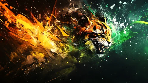 Fiery abstract tiger bursts through swirling neon darkness