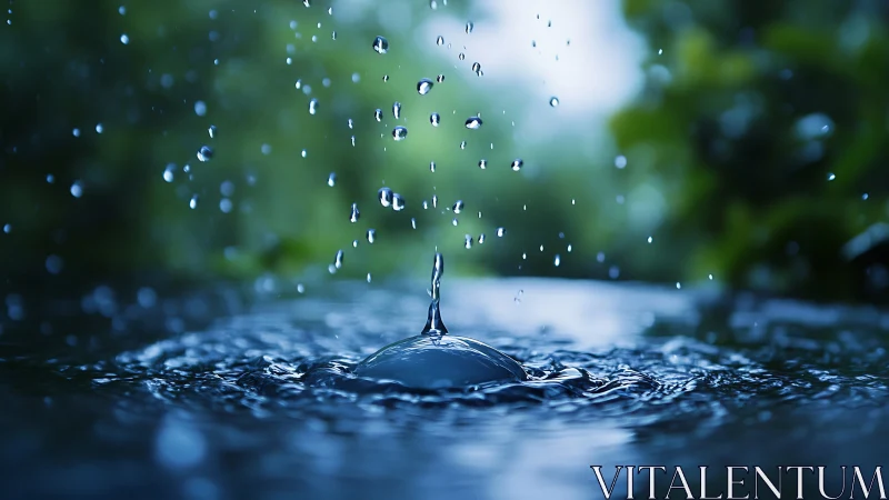 Photorealistic macro of raindrop impact on reflective surface.