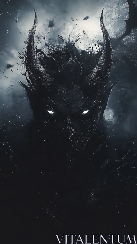 Horned shadow wraith with luminous eyes in storming void.