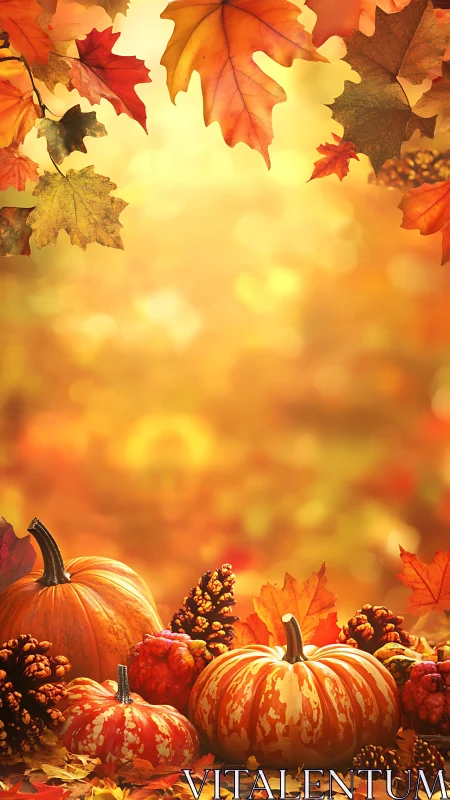 Autumn pumpkins and foliage arranged under warm bokeh light