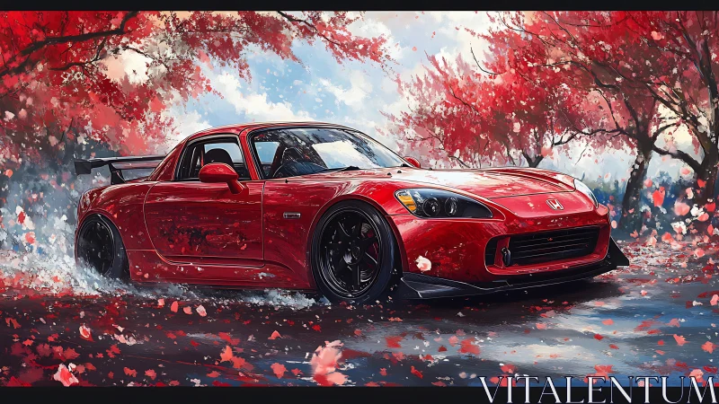 Scarlet Honda roadster under swirling autumn blossoms.