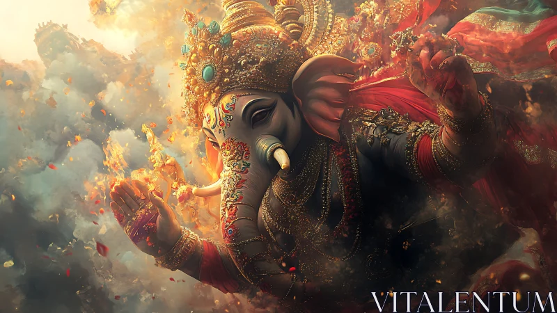 Majestic elephant-headed deity in swirling cosmic bloom.