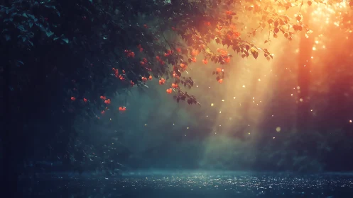 Sunlit forest branch over water with drifting particles.