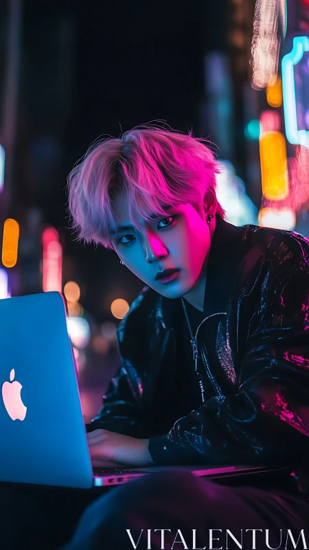 Person using laptop in neon lit urban night setting.