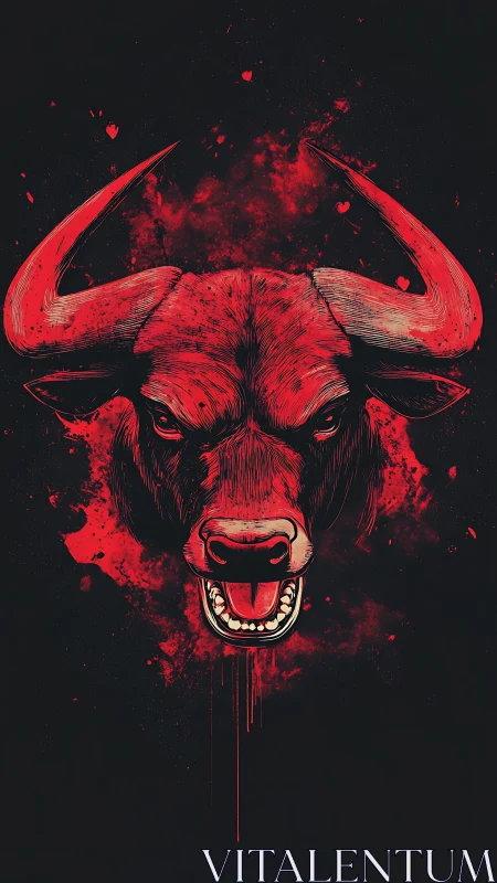 Bull head illustration shows red, stylized, aggressive expression