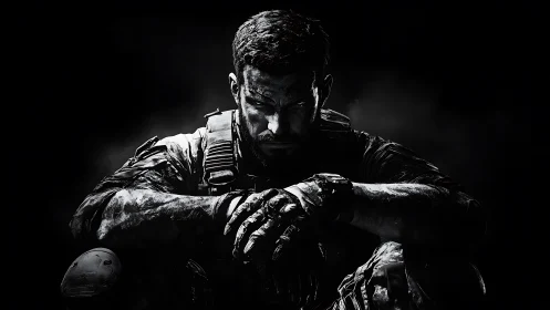 Brooding soldier portrait in stark monochrome lighting.