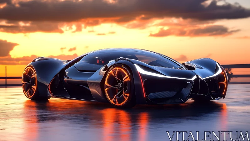 Sunset glow on a futuristic black supercar at rest.