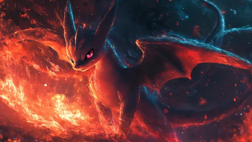 Fire dragon silhouette cuts through molten storm in space