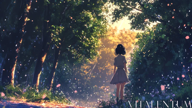 Backlit girl in forest path framed by luminous foliage and petals