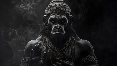 Regal warrior ape in ornate crown against dark smoke.