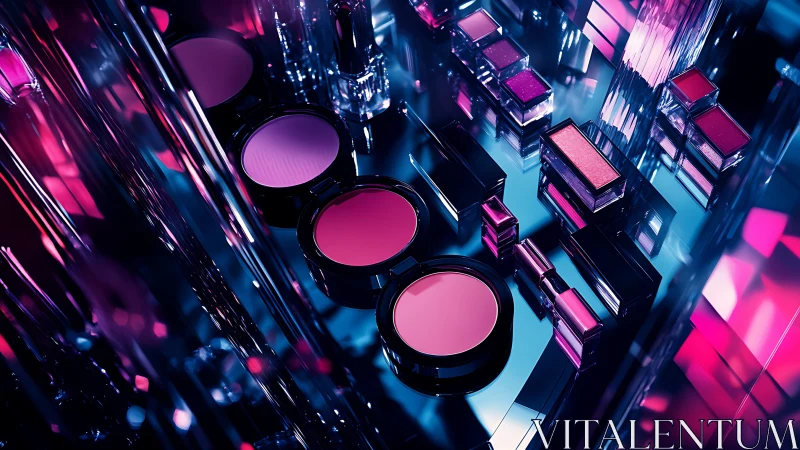 Luminous pink cosmetics glow in a futuristic mirrored vanity