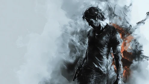 Storm-lit loner drifting through smoke and quiet embers.