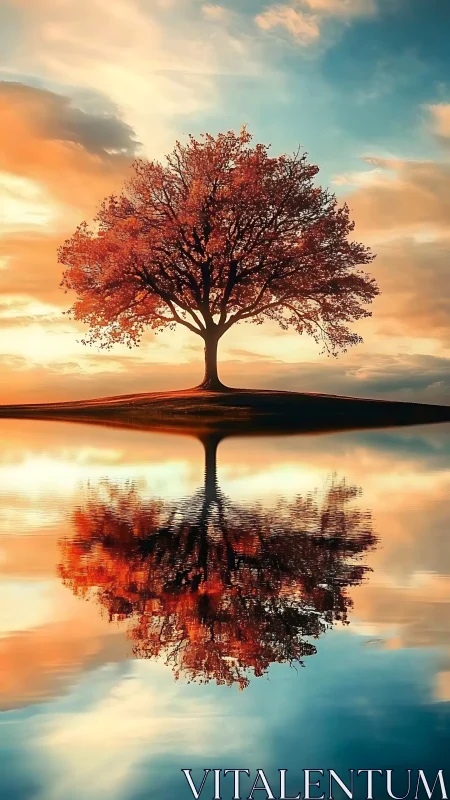 Solitary deciduous tree mirrored on calm reflective water.