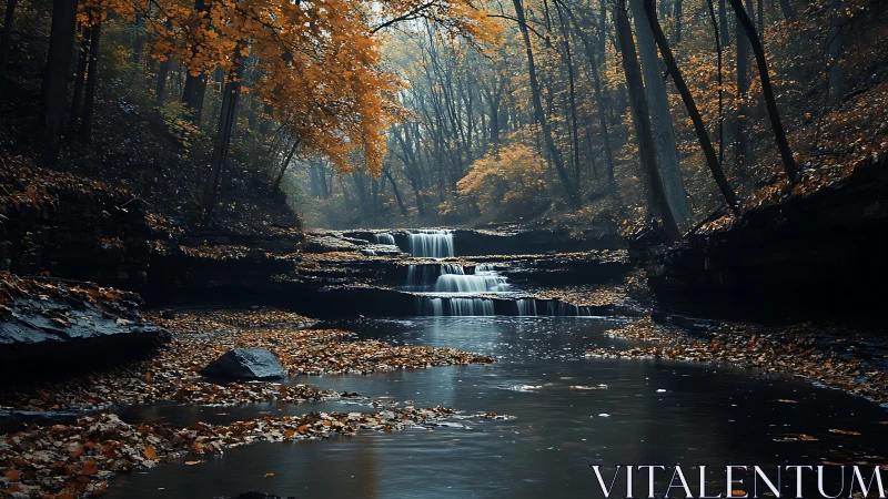 Serene Autumn Stream Flowing Through Golden Forest.