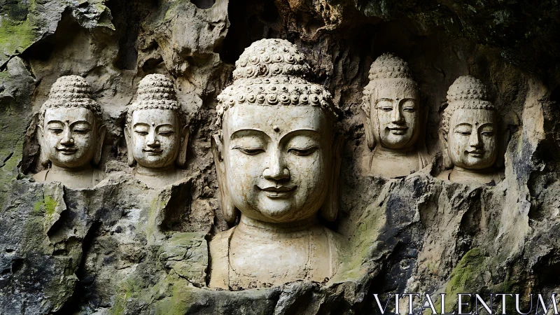 Serene Buddha stone carvings rest in a weathered cave wall