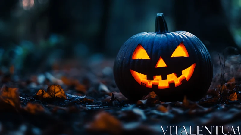 Backlit jack o lantern on forest floor with shallow depth