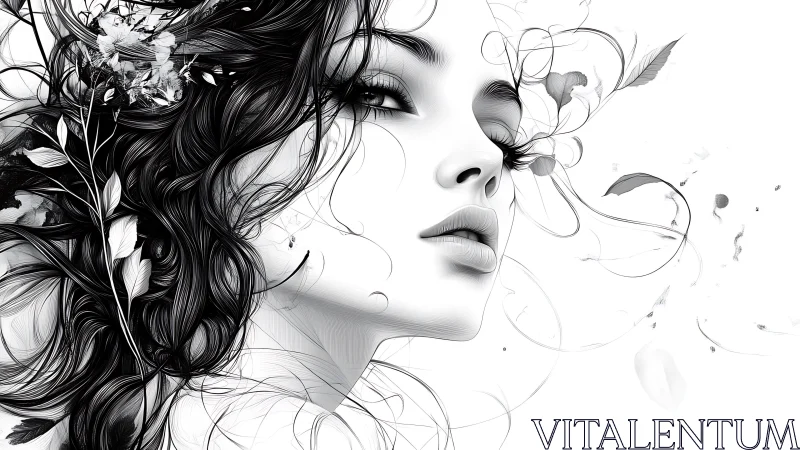 Monochrome female portrait with vector linework and botanical curls rendered